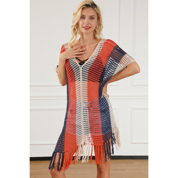 Tassel Color Block V-Neck Cover Up