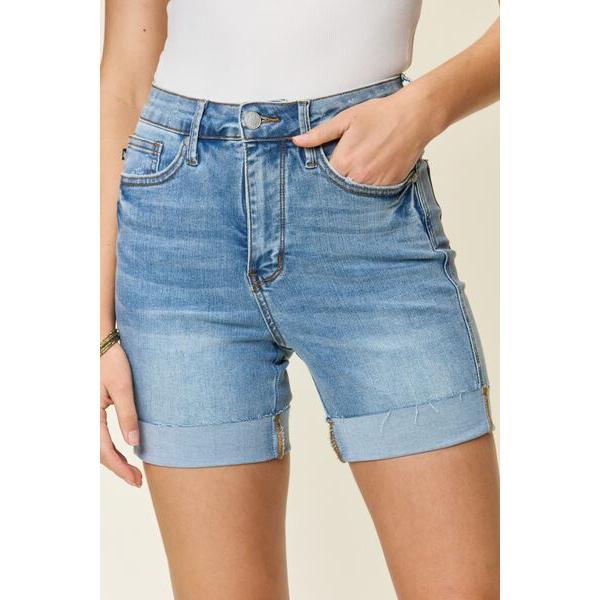 Tummy Control High Waist Denim Shorts in Medium Blue