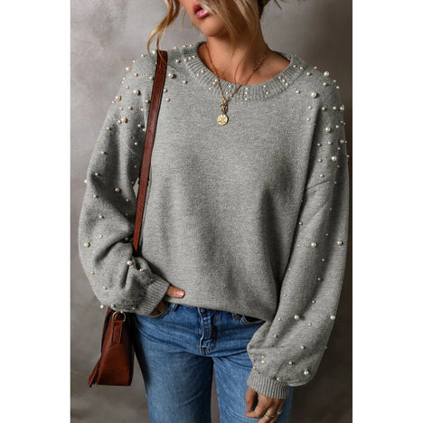 Pearl Detail Round Neck Long Sleeve Sweater