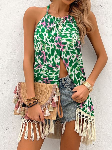 Women's Floral Print Halter Neck Front Split Tassel Trim Top HULXPD4E5P