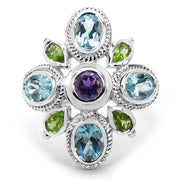 Bids.com 5.13 Carat Genuine Amethyst , Blue Topaz & Peridot .925 Sterling Silver Ring Rings