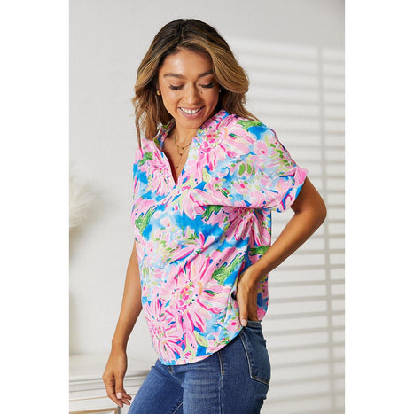 Double Take Floral Notched Neck Short Sleeve Top