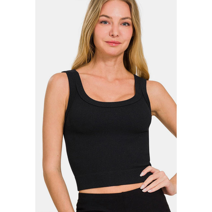 Ribbed Round Neck Cropped Tank Top in Black