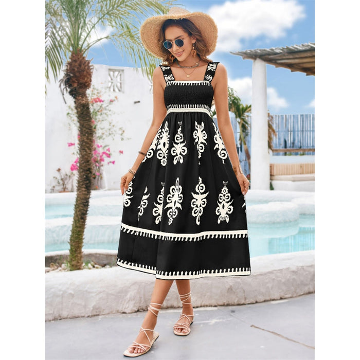 Printed Square Neck Wide Strap Midi Dress