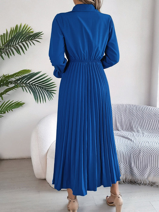 Pleated Half Button Long Sleeve Midi Dress