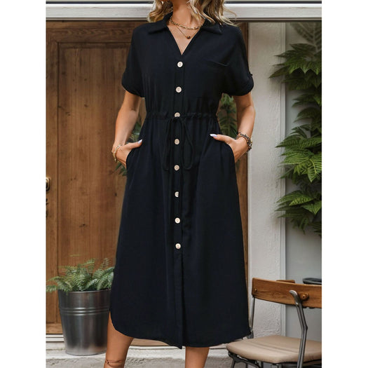 Slit Drawstring Button Up Short Sleeve Midi Dress