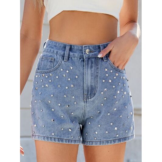 Mill's Beauty Supply Rhinestone Washed High Waist Denim Shorts