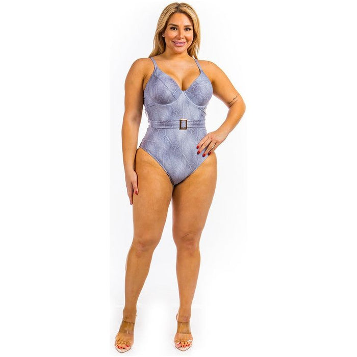 One Piece Buckle Belt Embellish Denim Swimsuit