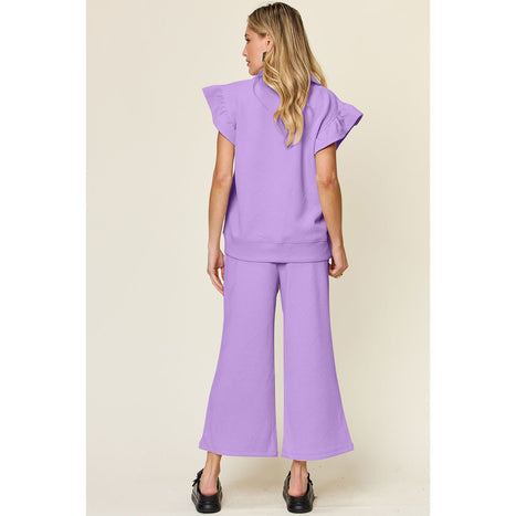 Texture Ruffle Short Sleeve Top and Drawstring Wide Leg Pants Set