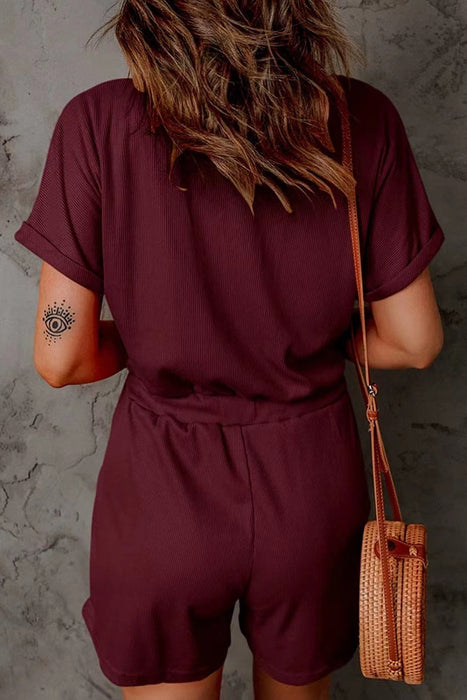 Drawstring V-Neck Short Sleeve Romper