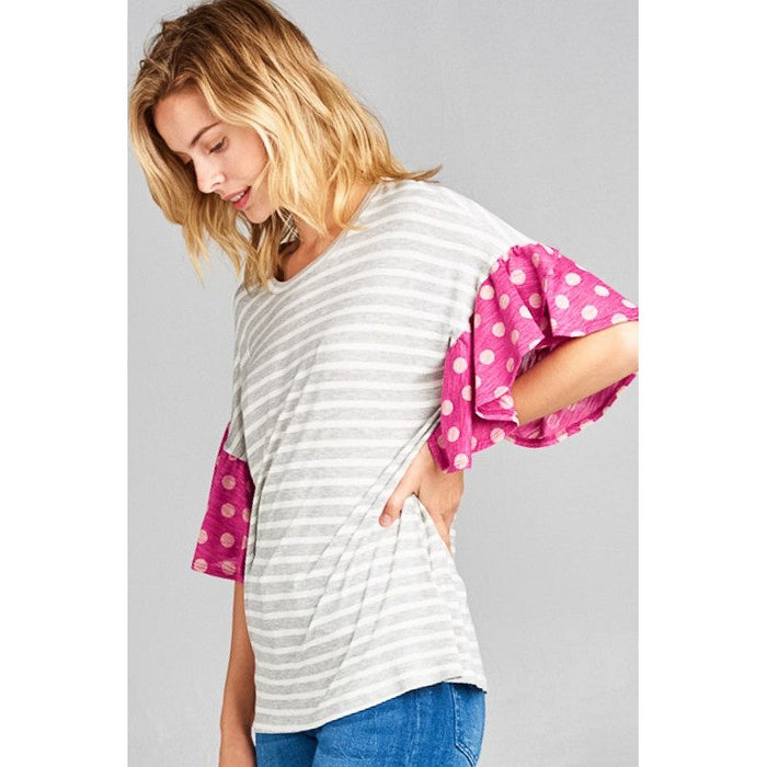 POLKA DOT STRIPE RUFFLE SLEEVE TOP