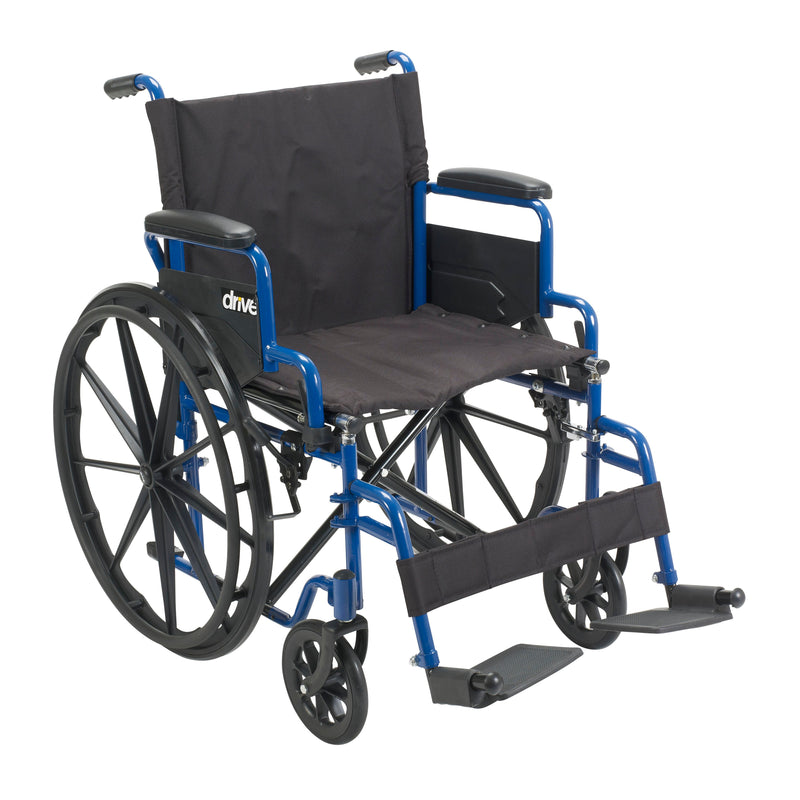 RIO Medical Supplies Blue Streak Wheelchair with Flip Back Desk Arms, Swing Away Footrests, 18" Seat