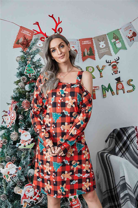 Christmas Asymmetrical Neck Long Sleeve Dress by VYSN