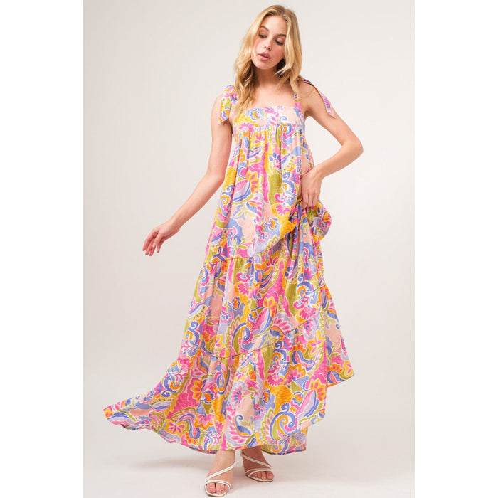 And The Why Printed Tie Shoulder Tiered Maxi Dress