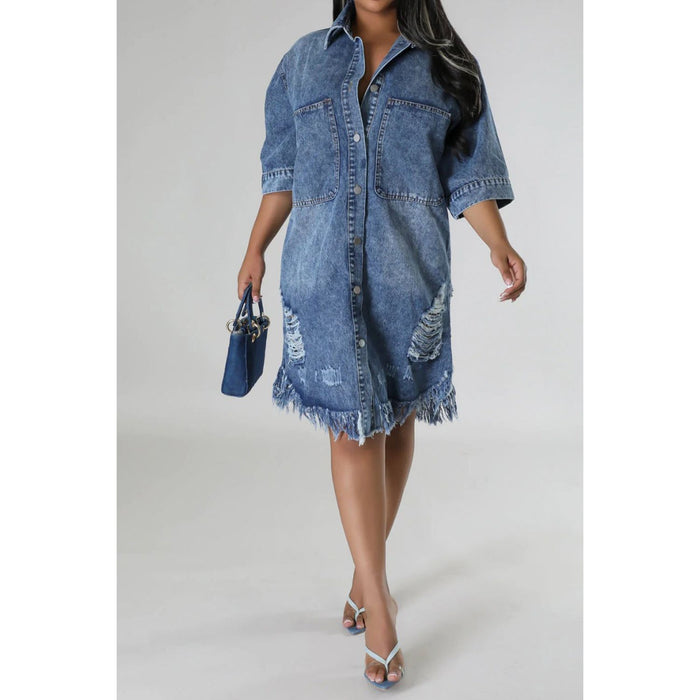 Distressed Raw Hem Button Up Denim Dress