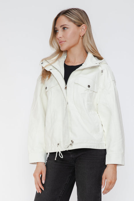 Drawstring Hem PU Leather Zip Up Jacket