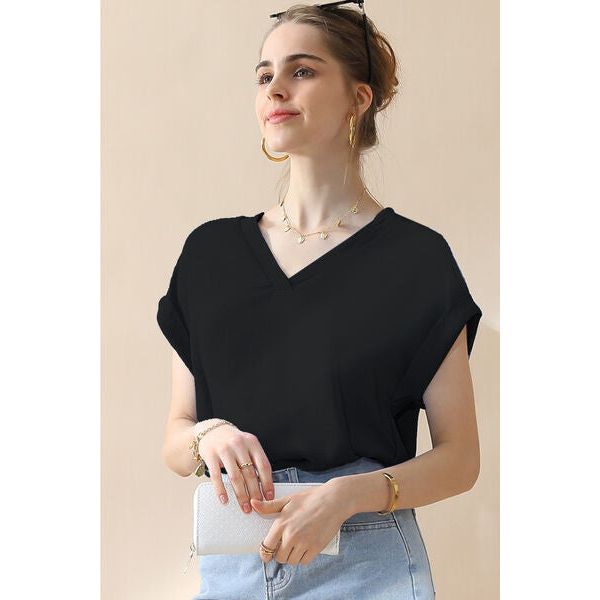 Ninexis V-Neck Trim Rolled Short Sleeve Shirt