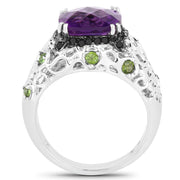 Bids.com 3.27 Carat Genuine Amethyst, Chrome Diopside & Black Diamond .925 Sterling Silver Ring Rings
