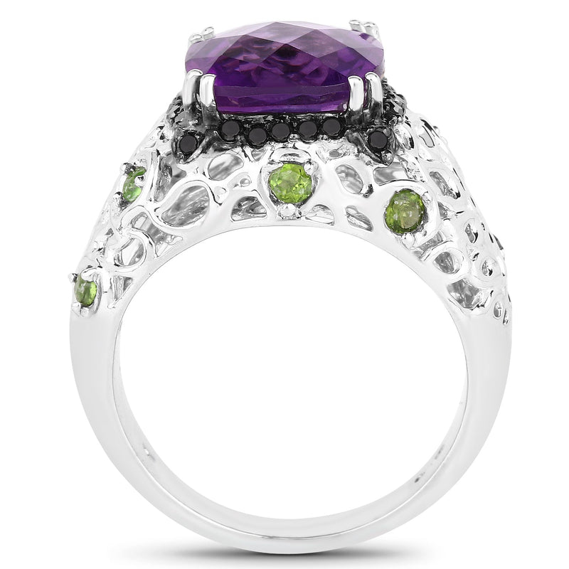 Bids.com 3.27 Carat Genuine Amethyst, Chrome Diopside & Black Diamond .925 Sterling Silver Ring Rings