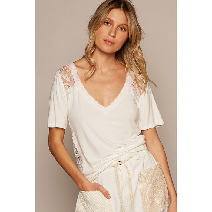 POL V-Neck Short Sleeve Lace Trim Top