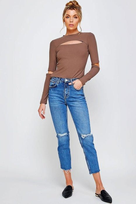 RIBBED FITTED LONG SLEEVE TOP WITH CHEST CUTOUT AN