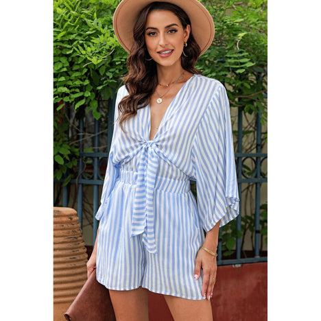 Tied Striped Three-Quarter Sleeve Romper