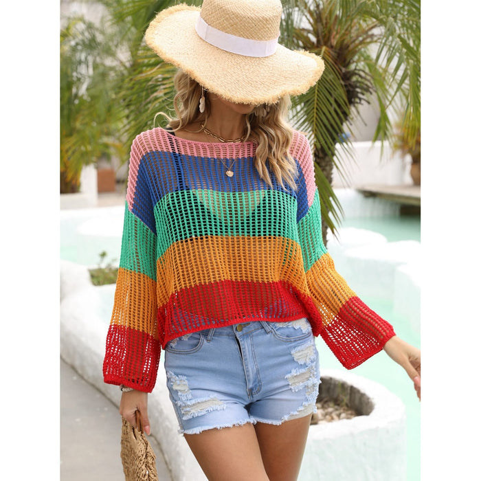 Color Block Openwork Boat Neck Cover Up