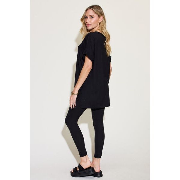 Zenana Short Sleeve Slit T-Shirt and Leggings Lounge Set