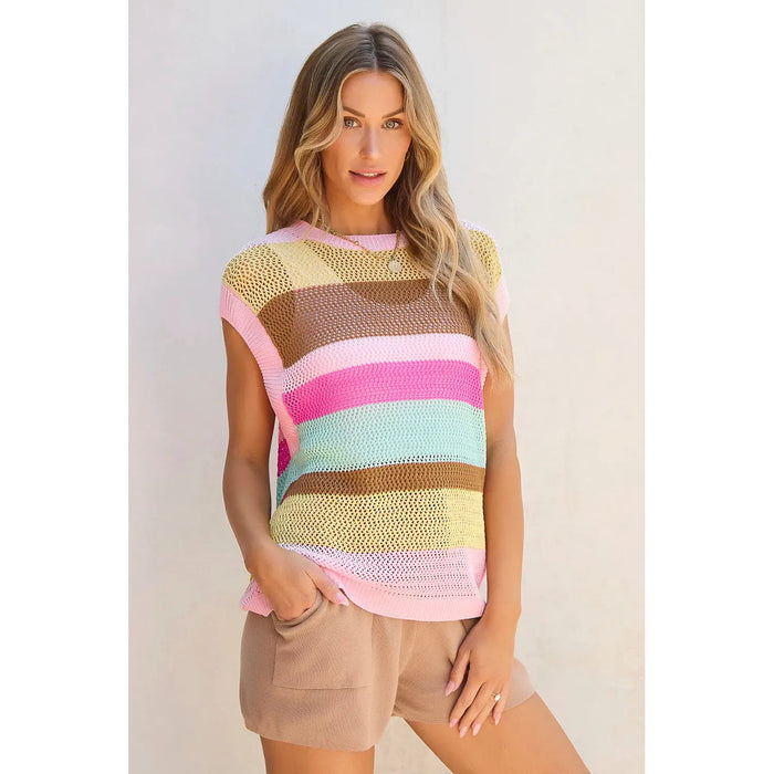 Color Block Round Neck Cap Sleeve Knit Top