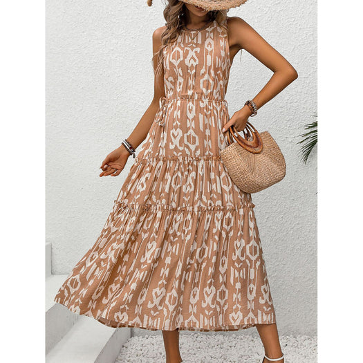 Frill Cutout Printed Round Neck Sleeveless Dress