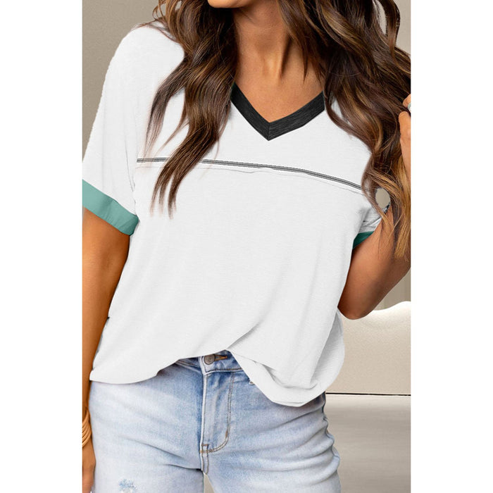 Color Block V-Neck Short Sleeve T-Shirt