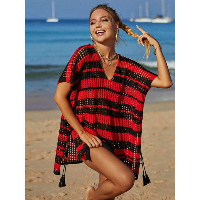 Tassel Openwork Striped V-Neck Cover Up