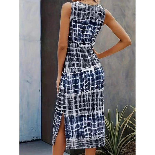 Slit Printed Round Neck Sleeveless Dress