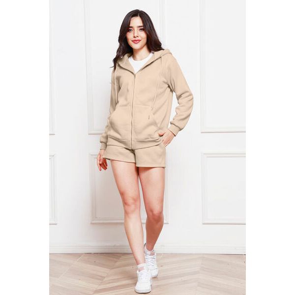 Zip Up Drawstring Hoodie and Shorts Set