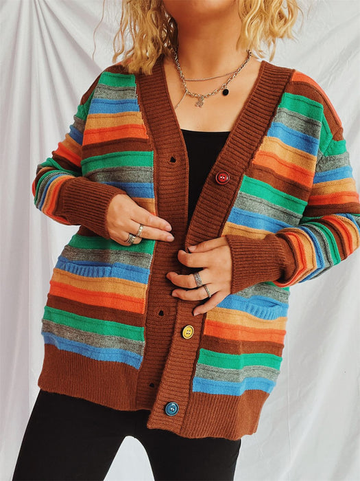 Contrast Stripes Button Up Long Sleeve Cardigan