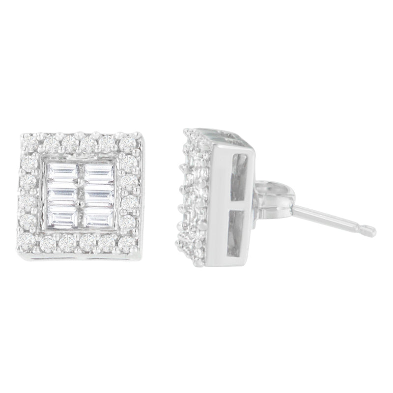 Bids.com 14K White Gold 1 cttw Round and Baguette Diamond Stud Earrings (H-I, SI1-SI2) Earrings