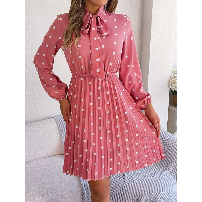 Polka Dot Tie Neck Pleated Dress