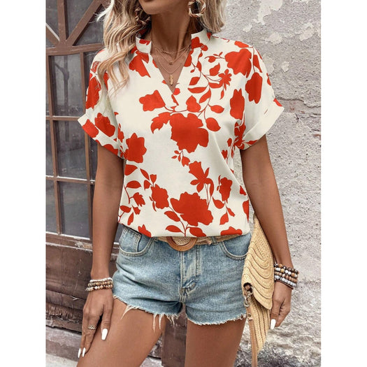 Flower Notched Short Sleeve Blouse