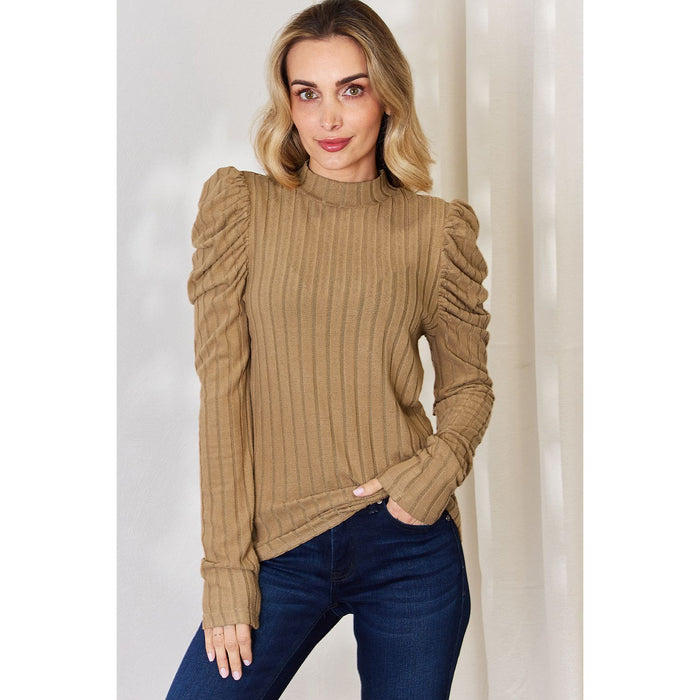 Basic Bae Ribbed Mock Neck Puff Sleeve T-Shirt