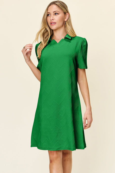 Double Take Texture Collared Neck Short Sleeve Dress