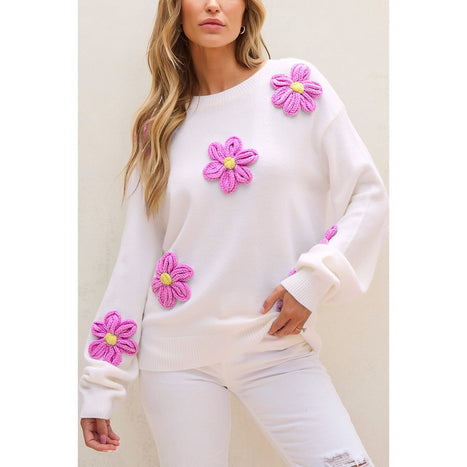 Crochet Flower Round Neck Long Sleeve Sweater