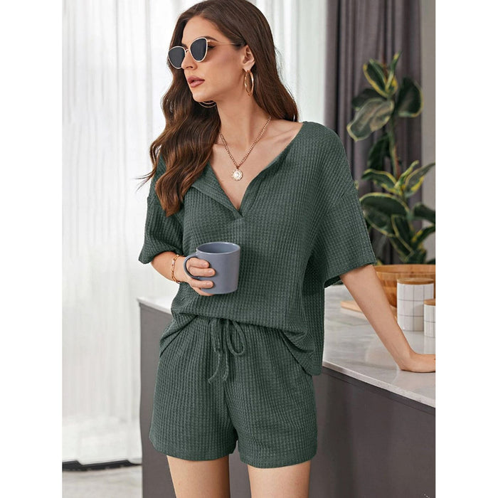 Waffle-Knit Dropped Shoulder Top and Shorts Set