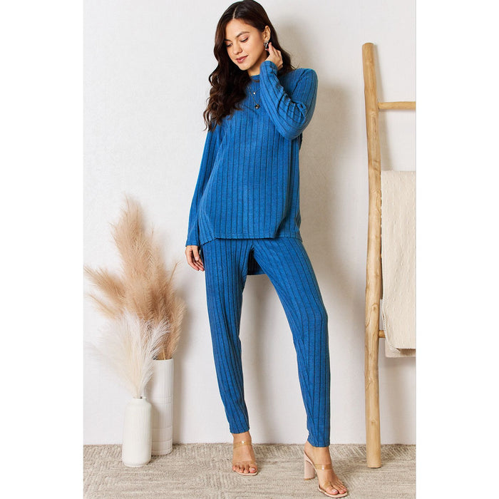 Basic Bae Ribbed Round Neck High-Low Slit Top and Pants Set