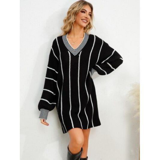 Striped V-Neck Long Sleeve Mini Dress