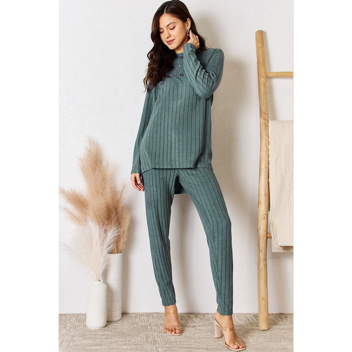 Basic Bae Ribbed Round Neck High-Low Slit Top and Pants Set