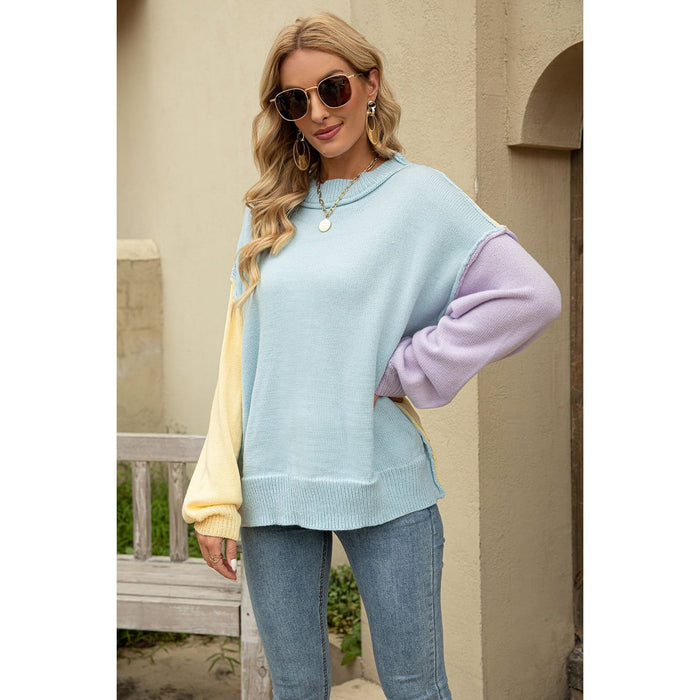 Color Block Round Neck Dropped Shoulder Sweater