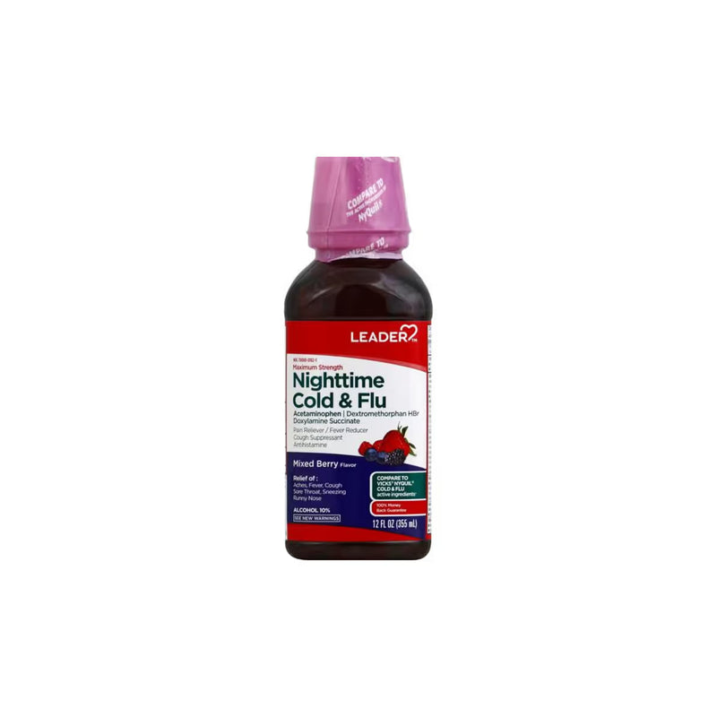 Leader Maximum Strength Nighttime Cold & Flu Relief Cherry, 12 fl oz