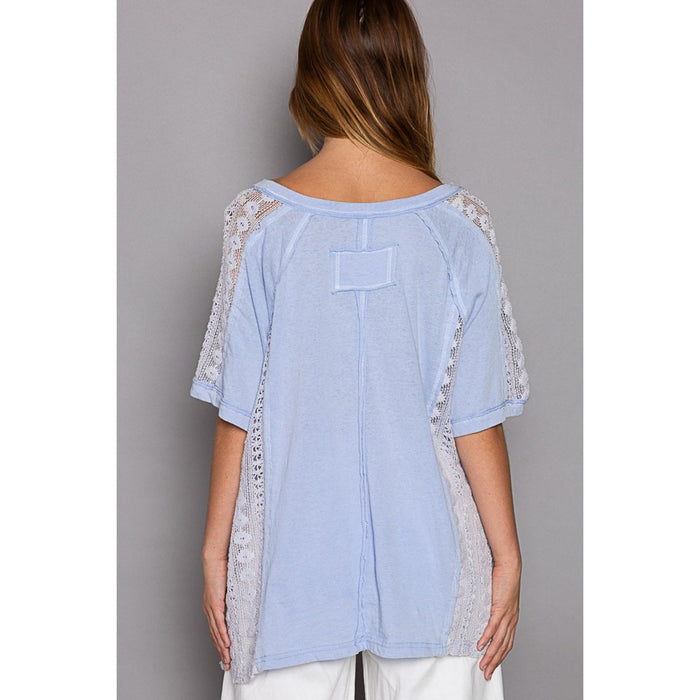 POL Short Sleeve Lace Crochet Panel Top