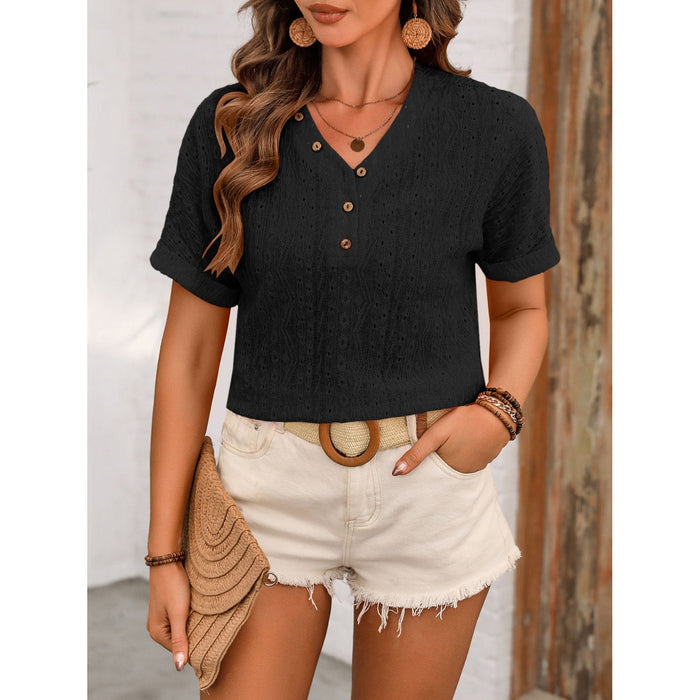 Eyelet V-Neck Short Sleeve Top