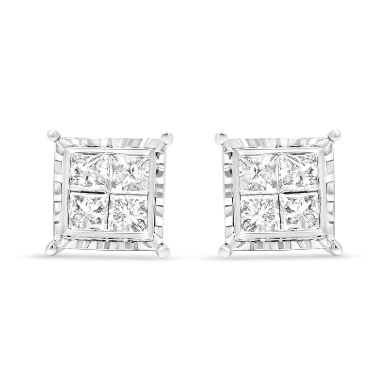 Bids.com 14K White Gold 1 1/2 Cttw Invisible Set Princess-Cut Diamond Contemporary Wavy Quad Stud Earrings (I-J Color, I1-I2 Clarity) Earrings